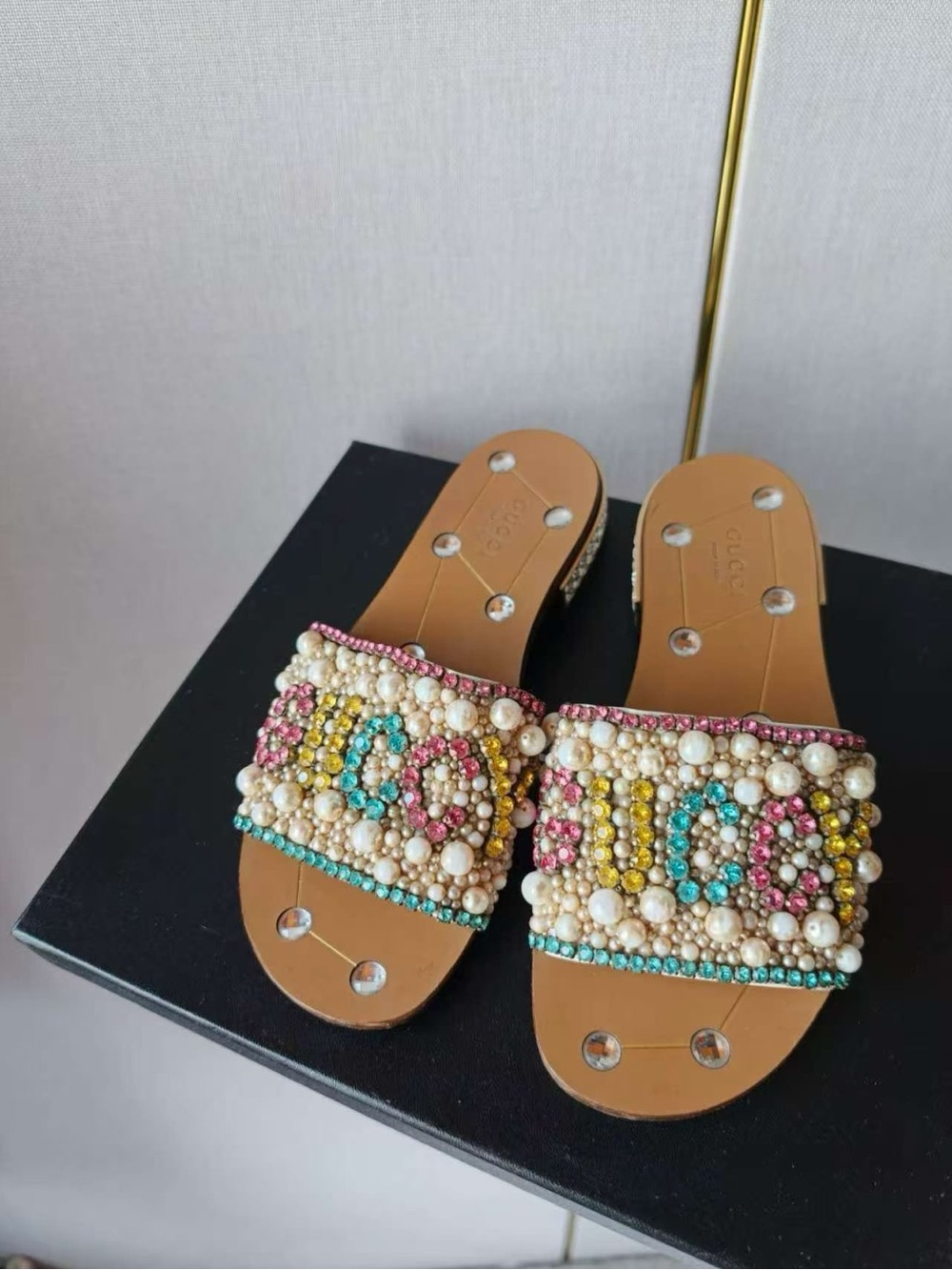 Gucci Multicolor Beaded Pearl Slide Sandals - Tan Base
